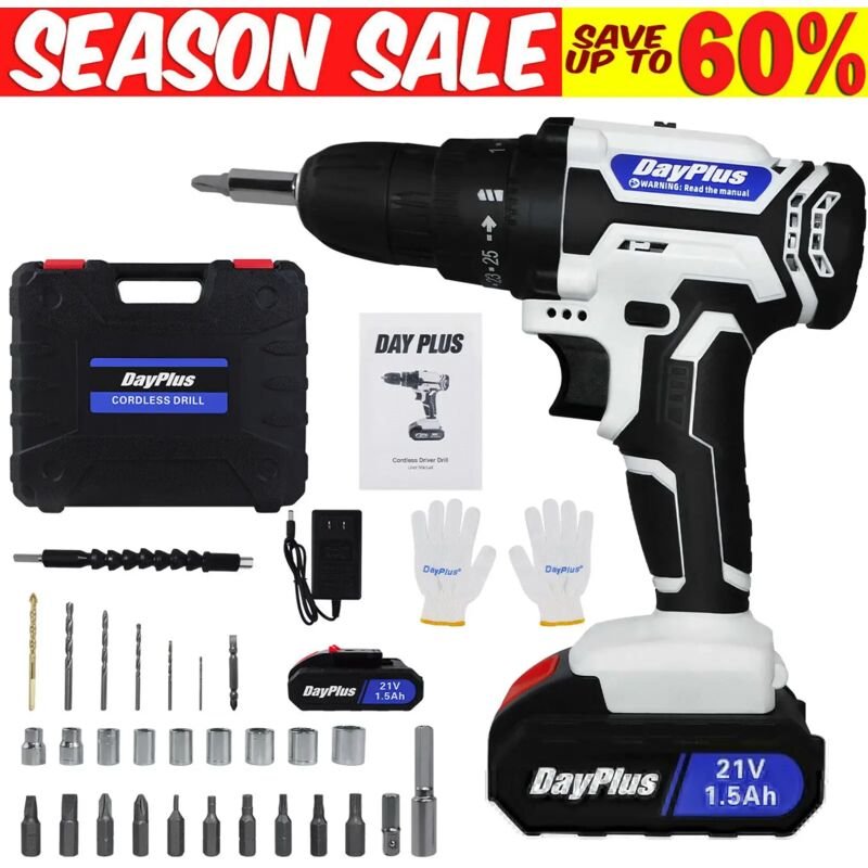 21V Akku-Bohrer elektrischer Schraubendreher Drahtloser Treiber 25+1 hohes Drehmoment 45 N.m mit 2X Batterie