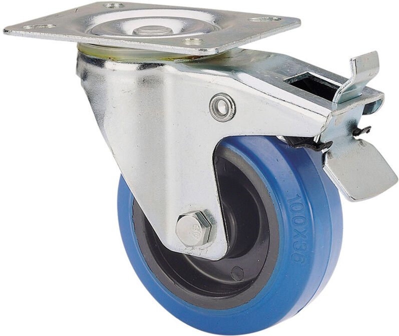 Lenkrolle of Gummi mit Platte, Achse of Rollen und Bremse, Farbe blau, max. Belastung 130 kg, ø 12,5 cm