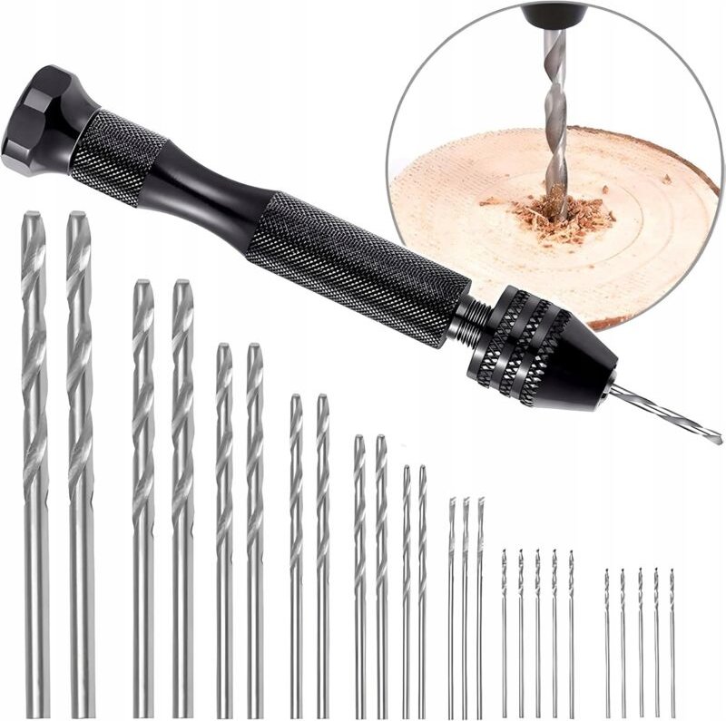 Handgeführte Mini-Pressbohrmaschine schwarz + Satz mit 25 Bohrern 0,5–3 mm für Holz-Kunststoff-Heimwerker