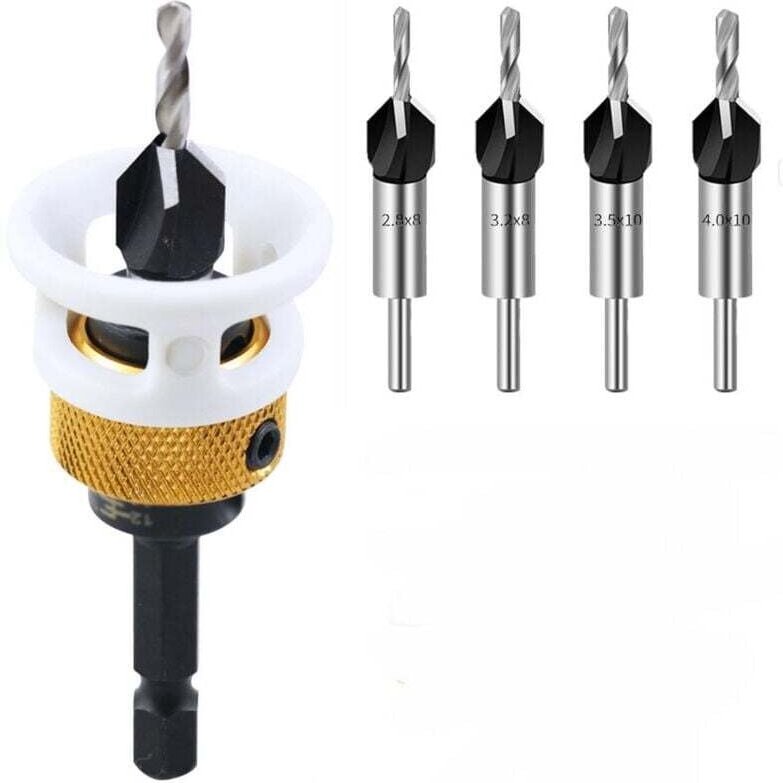 Anfasbohrer-Set, 6-teilig, Holzfräser mit Tiefenanschlag und 6,25-mm-Sechskantschaft, Senkkopfbohrer für die Holzbearbei...