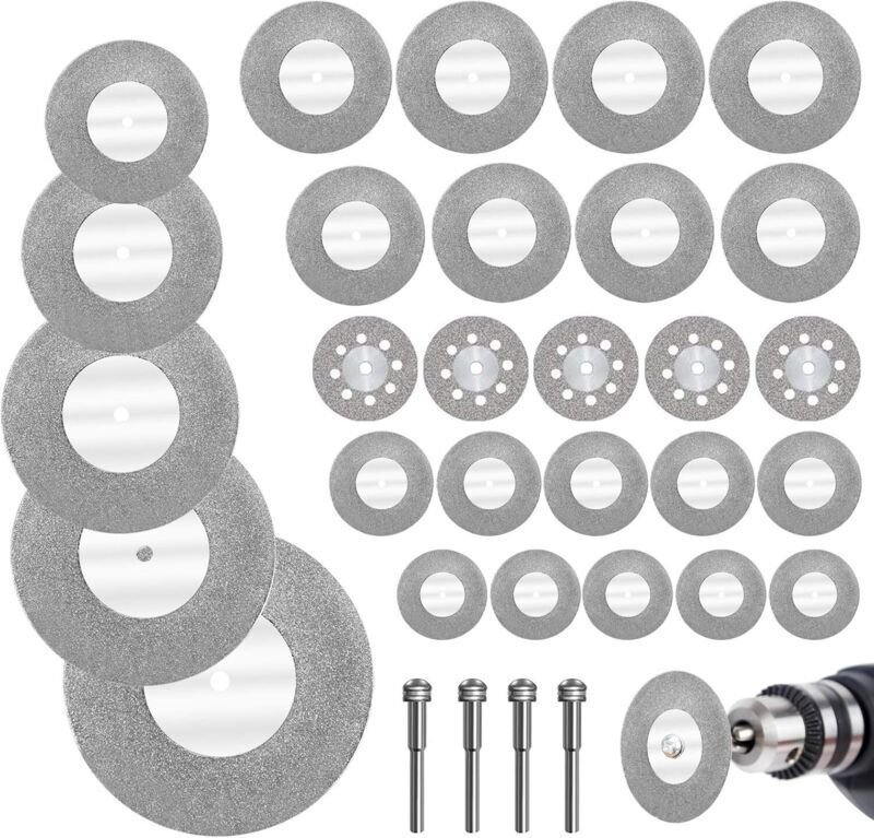 32 Mini-Diamanttrennscheiben mit 4 Spanndornen. Geeignet für Glas, Edelsteine, Holz, Metall und Keramik – 16/20/22/25/30...