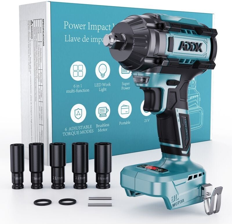 21-V-Schlagschrauber mit Lithium-Akku – 1000 Nm – 6 Gänge – Digitalanzeige – 5 Steckschlüsseleinsätze (17–24 mm) – kompl...