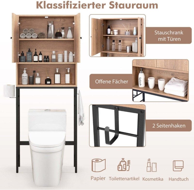 Toilettenschrank freistehend toilettenregal mit 2 turen amp 2 haken 63 x 23 x 1655 cm natur