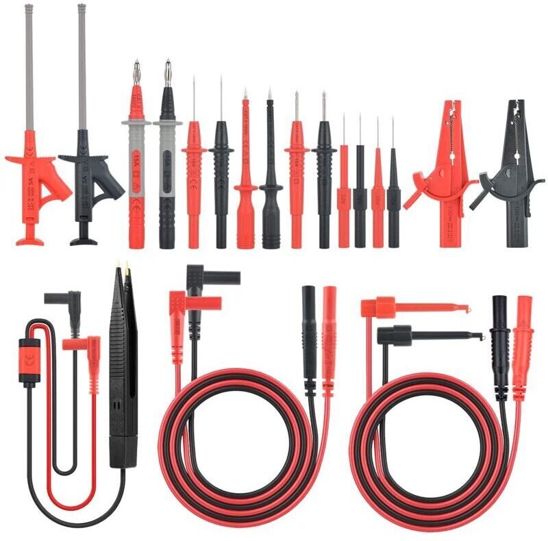 21-in-1 Multimeter-Prüfspitzen-Set mit Messleitungen, Krokodilklemmen, Bananenstecker und Nadelspitze