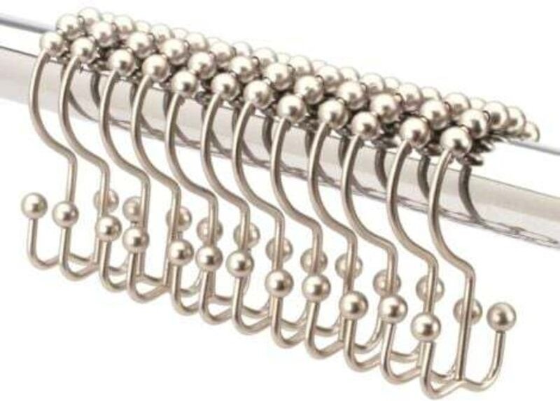 12 Stück Duschvorhanghaken Doppelhaken aus gebürstetem Nickel. Duschvorhangringe aus hochwertigem Edelstahl. Kugelgelage...