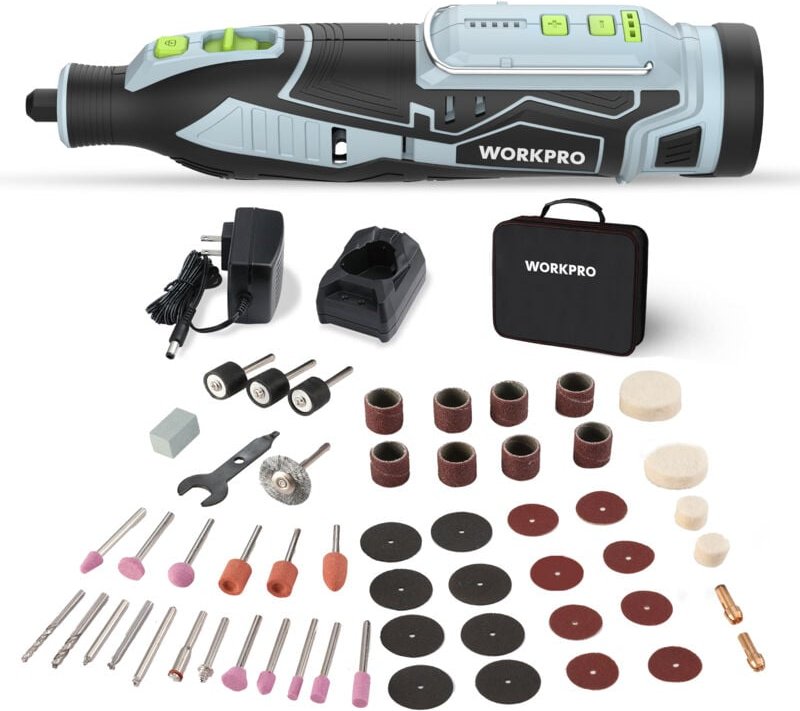 Workpro - 12V Drehwerkzeug Set, Multifunktionswerkzeug mit 115 Zubehörteilen, mit 5 einstellbaren Geschwindigkeiten, Auf...