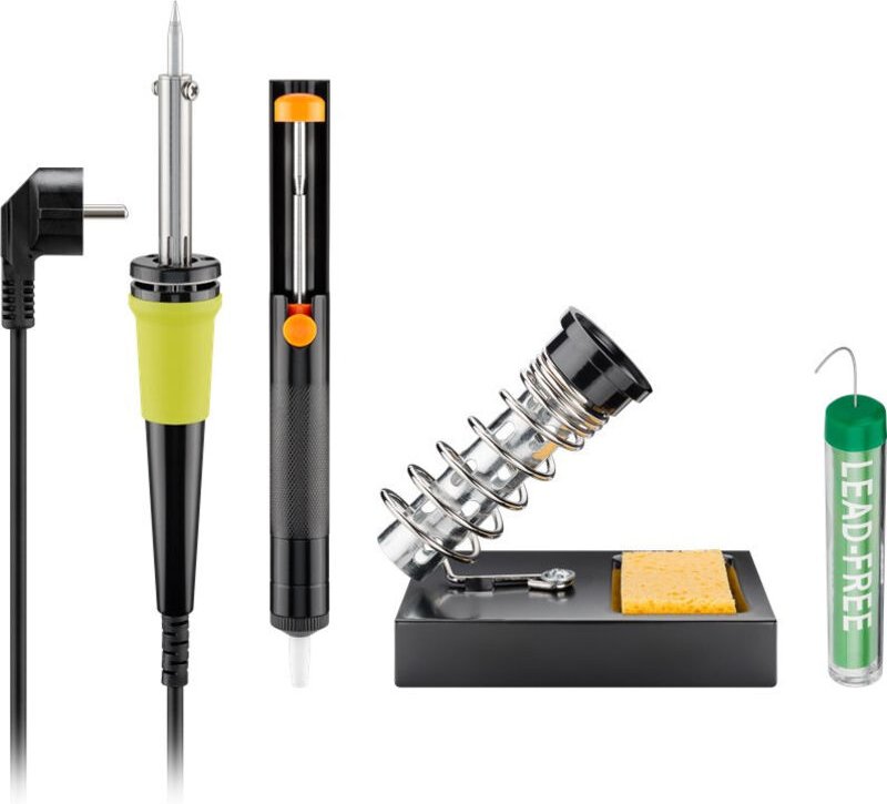 Bleifreies Lötset, 4-tlg., 30 w, mit Lötkolben, Lötkolbenständer, Entlötpumpe und Lötzinn.