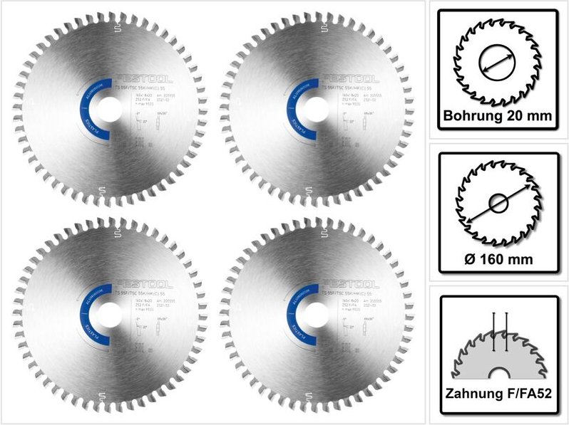 Festool 4x Kreissägeblatt Aluminium / Plastics HW 160 x 1,8 x 20 mm F/FA52 ( 4x 205555 ) für Tauchsägen TS 55 F, TSC 55 ...