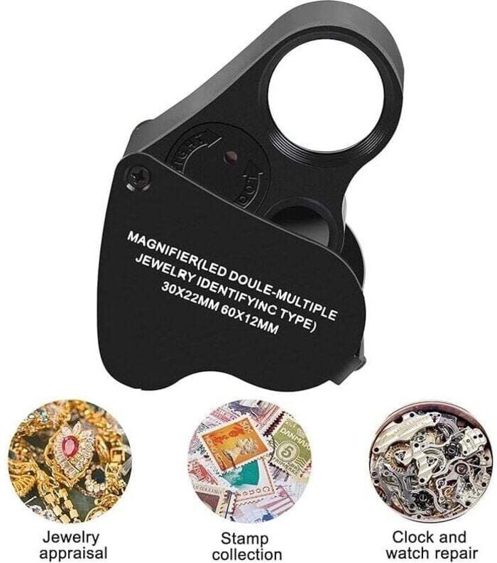 30X 60X Beleuchtete Juwelierlupe, faltbare Schmucklupe mit hellem LED-Licht für Edelsteine, Schmuck, Münzen, Briefmarken...