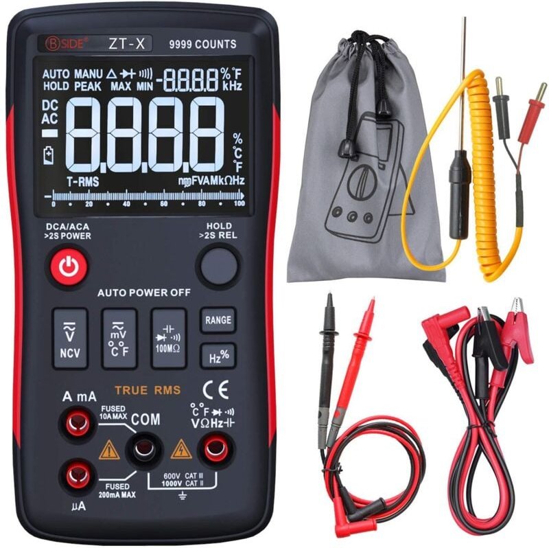 Digitalmultimeter, 3-zeiliges Display, 9999 Zählungen, Tastendesign, automatische Bereichswahl, Elektriker, Temperatur, ...
