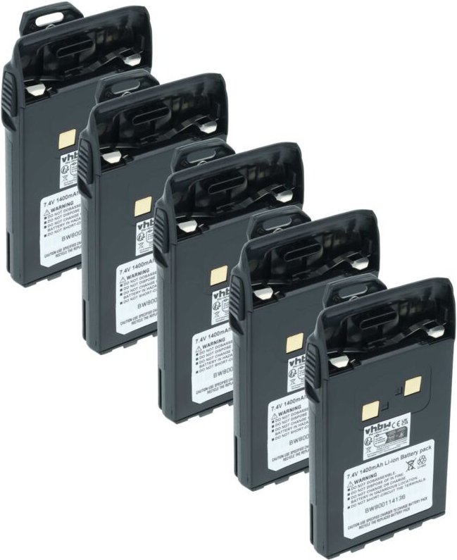 vhbw 5x Akku kompatibel mit Midland CT790 Funkgerät, Walkie Talkie (1400 mAh, 7,4 V, Li-Ion) + Gürtelclip