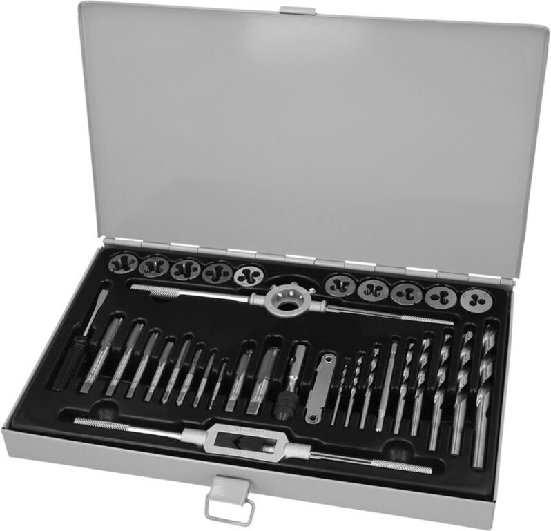 Satz Gewindebohrer und Schneideisen aus Stahl in verschiedenen Größen (34 Teile mit Zubehör)