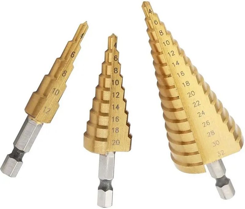 Set mit 3 HSS-Titan-Stufenbohrern, Sechskantschaft, metrisch, für Holz und Metall