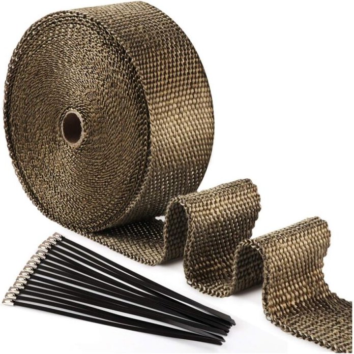 15 m x 50 mm Magma Titan-Wärmedämmband + 10 schwarze Edelstahl-Kabelbinder für die Wärmedämmung von Motorrad-Auspuffkrüm...