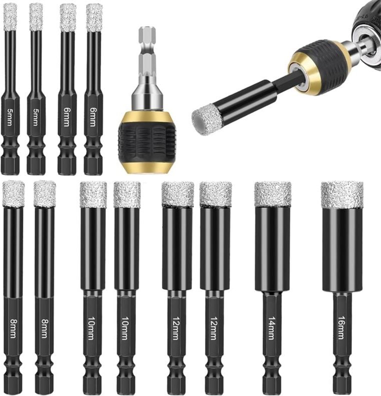 Diamantbohrer-Set, 12-teilig, Trockenlochsäge mit Schnellwechsel-Bithalter, für Porzellanfliesen, Glaskeramik