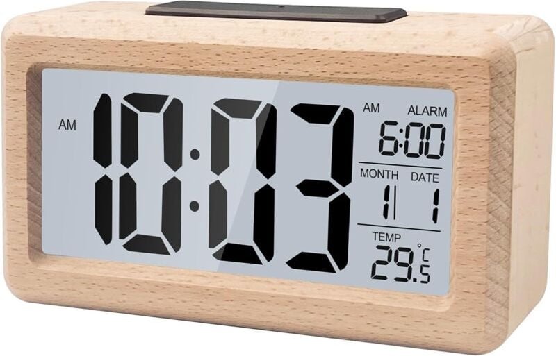 Digitaler Wecker aus Holz, Digitaluhr mit großem LCD-Display, Digitaler Wecker mit Datums-/Temperaturanzeige, batteriebe...