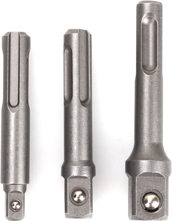 Set mit 3 SDS PLUS Schlagbohrern mit Adapter und Steckschlüsseladapter 1/4", 3/8" und 1/2".