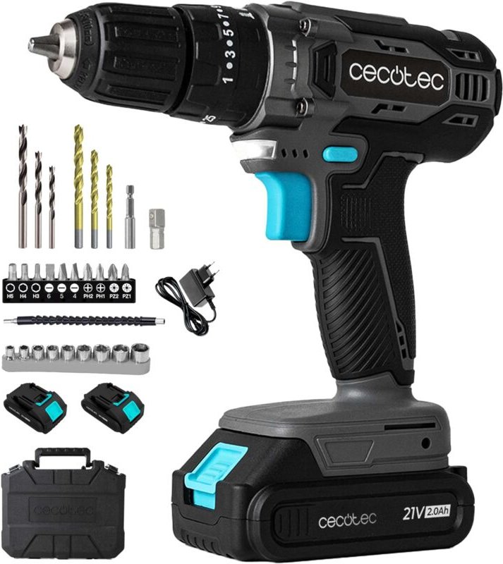 Bohrhammer und Schraubendreher mit zwei 21V 2.000mAh Akkus. Hammerfunktion mit bis zu 27.000 Schlägen pro Minute und 1.5...