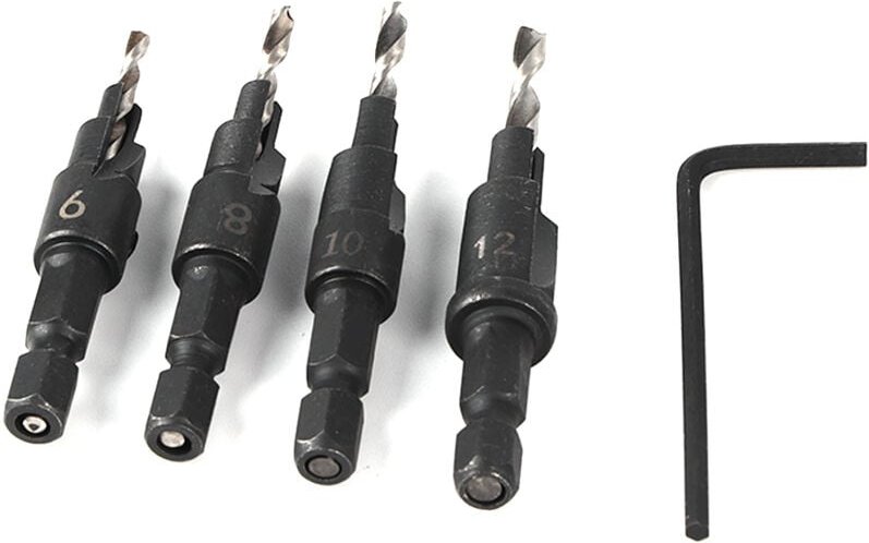 HSS-Bohrer-Set, 4-teilig, Kegelbohrer, 1/4"-Sechskant-Lochsägebohrer, Holzbearbeitungswerkzeug + L-Schlüssel
