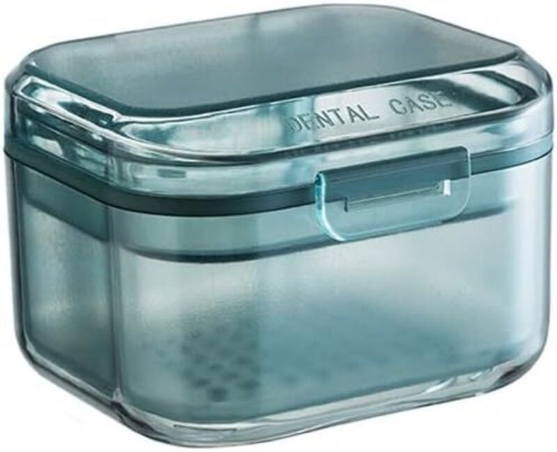 3-schichtige Zahnprothesen-Aufbewahrungsbox mit Deckel, tragbare Zahnspangen-Box, Prothesenbehälter, Einweichbox (Blau)