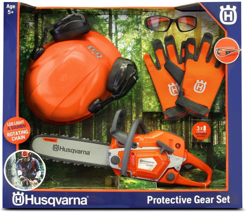 Husqvarna Spielzeug-Kettensäge 550XP mi tPSA-Kit ✔ Realistisches Kettensägenspielzeug mit Schutzhelm, Schutzbrille, Hand...