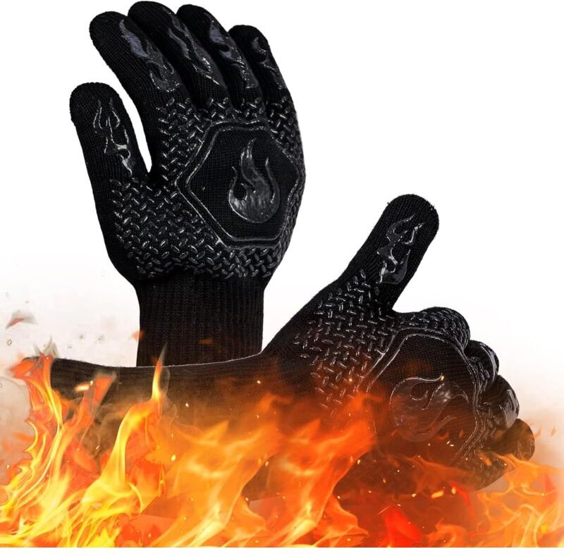 Schwarze, feuerfeste Grillhandschuhe, 32 x 17 x 1,5 cm, beidseitig schnittfest, hitzebeständig, rutschfest, sichere Küch...