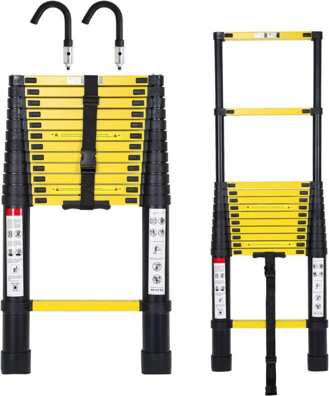 Randaco Teleskopleiter Alu Leichtgewicht Rutschfester 3,8m schwarz + Haken Multifunktionsleiter Mehrzweckleiter Ausziehb...