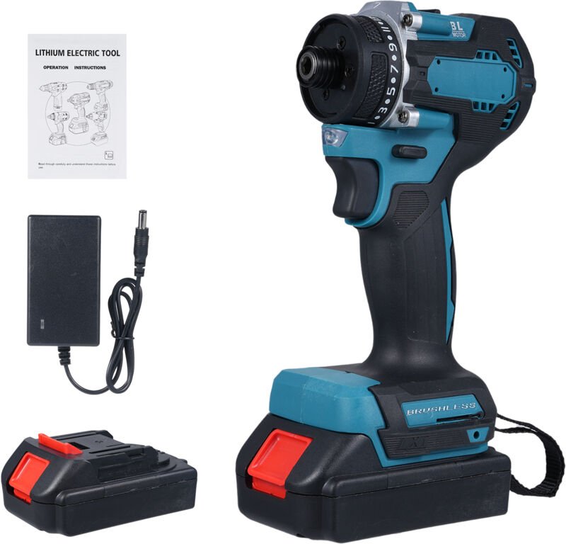 21V Lithium-Akku-Bohrschrauber, 55Nm Drehmoment, bürstenloser Motor, 2-in-1-Werkzeug mit 2 variablen Geschwindigkeiten u...