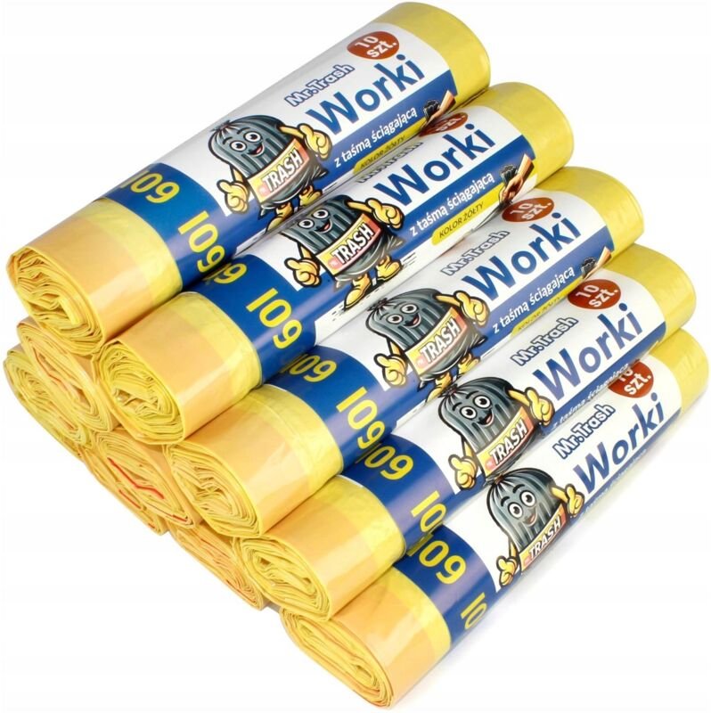 100 dicke gelbe Müllsäcke 60L mit 10 Rollen Verschlussband