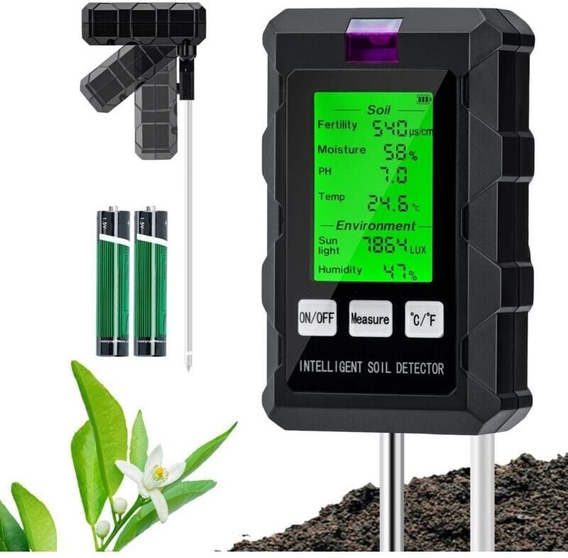 6-in-1-Boden-pH-Tester, Feuchtigkeits-/Dünge-/pH-/Temperatur-/Licht-/Umgebungsfeuchtigkeitstester