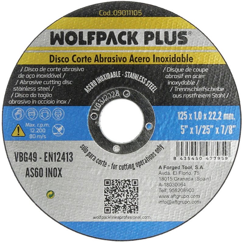 Schleifscheibe aus rostfreiem Stahl ø 125 x 22,2 mm. Dicke 1,0 mm.