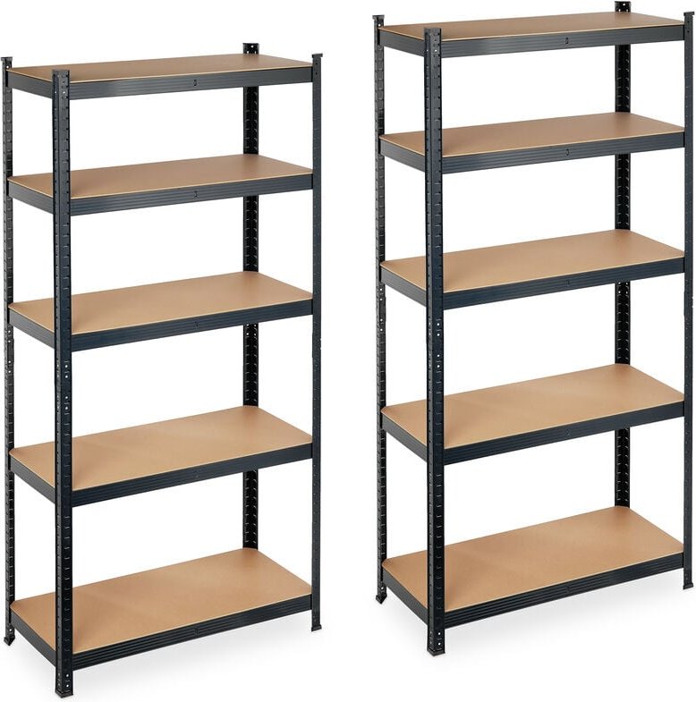 2 x Schwerlastregal, Traglast 875 kg, 5 MDF Ebenen, zum Stecken, Keller, Garage, Stahl, HBT: 180 x 90 x 40 cm, schwarz