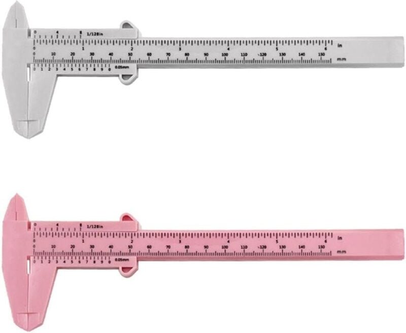 CCYKXA 2 Stück Messschieber mit Doppelskala aus Kunststoff, Messwerkzeuge, Schülerlineal, Mini-Messlineal (weiß, rosa)