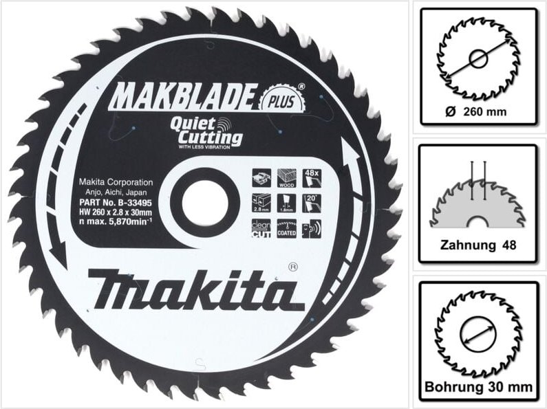 Makblade plus Kreissägeblatt für Holz 260 x 30 x 2,8 mm 48 Zähne ( B-33495 ) - Makita