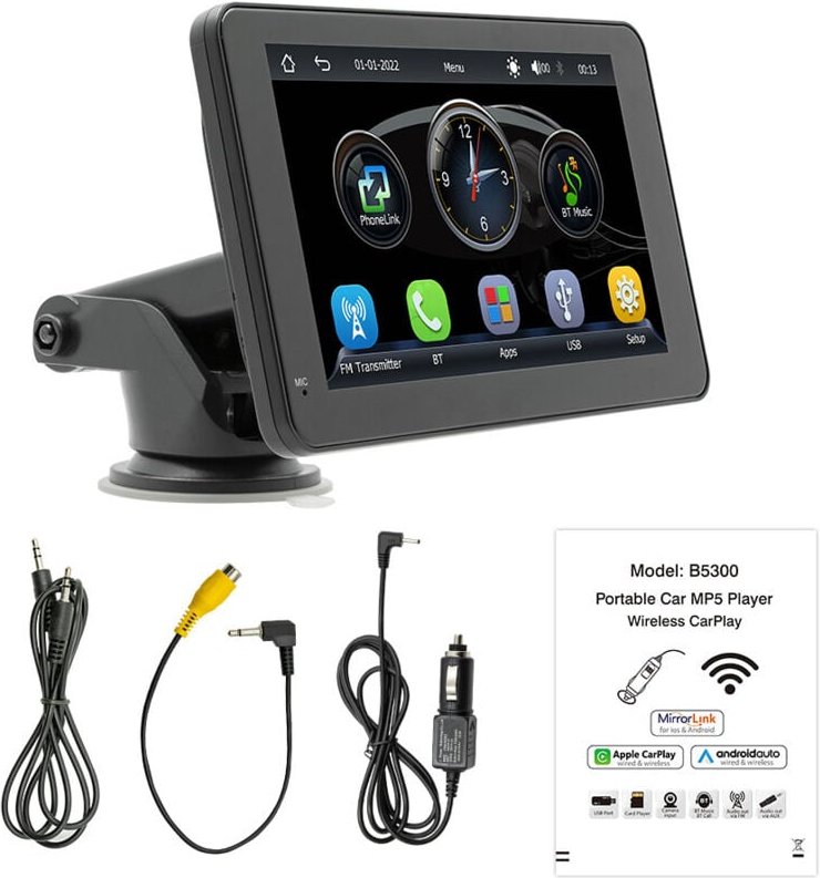 7-Zoll-Touchscreen-Autoradio mit CarPlay, Android Auto, MirrorLink und integrierter Bluetooth-Stand-/Saugnapfhalterung, ...