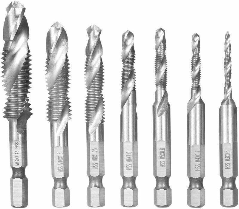 XVX Bohraufsatz, 7-teiliges Bohrer- und Gewindebohrer-Kombi-Set, HSS-metrisches Gewinde M3-M12, Schnellwechsel-Gewindebo...