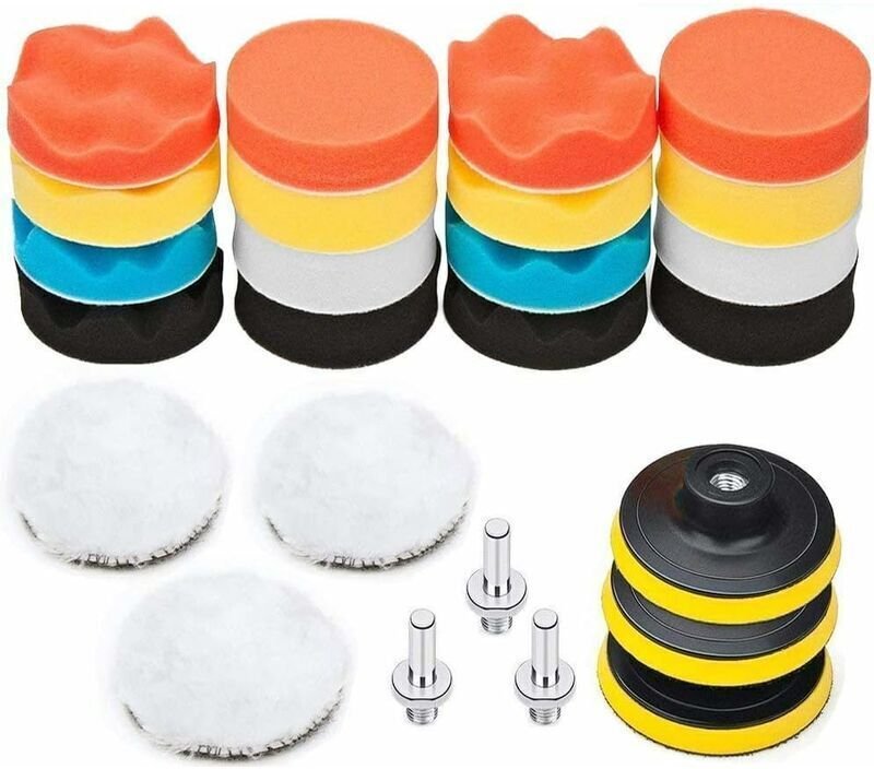 25Pcs Pollisage Voiture Kit, 75mm Éponge Disque de Polissage, Embout Polish pour Perceuse, Brosse a Polir pour Meuleuse,...