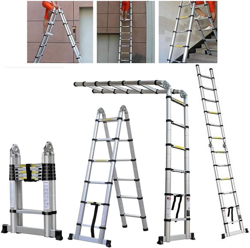 Alu Teleskopleiter 3,8M klappleiter 1,9M+1,9M a Rahmen Leiter mit Stützstange 12 sprossen Aluleiter Ausziehbar Schiebele...