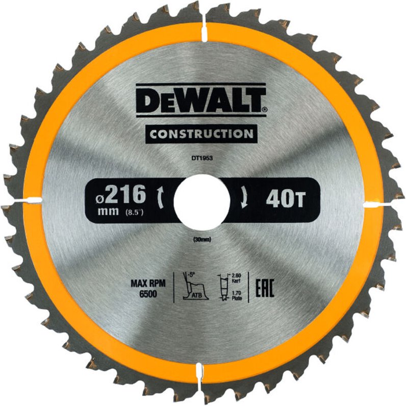 Stationäres Kreissägeblatt 216x30 mm 40 Zähne Bau DEWALT - DT1953