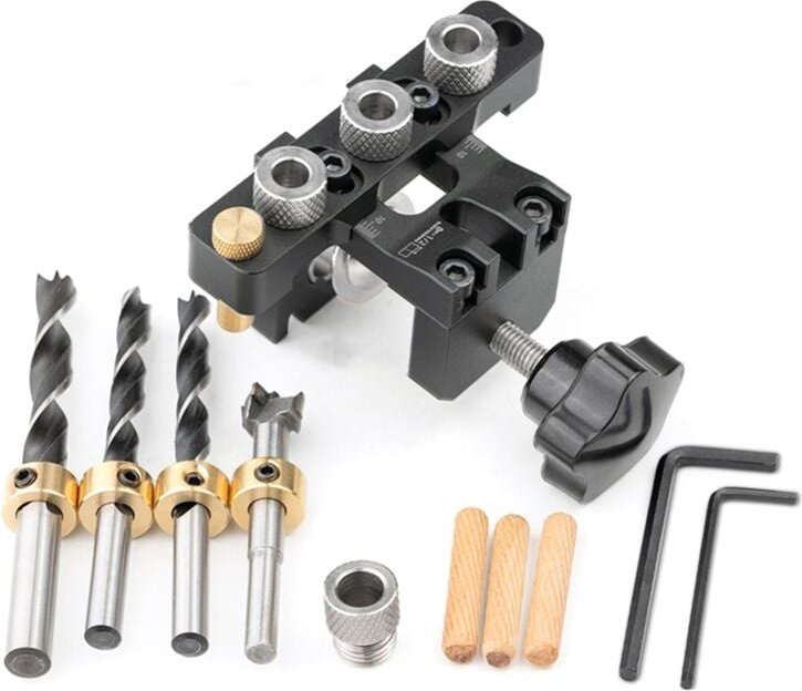 Einstellbare Dübellehre Holzbearbeitungstasche 3 in 1 Loch JigBushes Bohrführung Locator Puncher Werkzeuge Dübel Set a