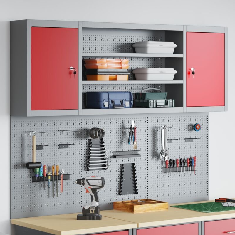 vidaXL 6-tlg. Werkzeugschrank-Set mit Stecktafel Wandmontage Rot