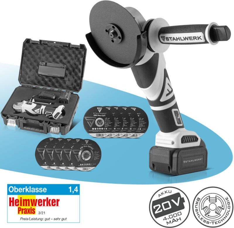 STAHLWERK Brushless Akku Winkelschleifer AWS-20 ST 20V/4Ah, 0 - 7500 min-1