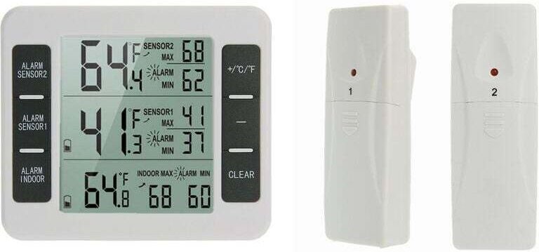 Packung Kühlschrank-Gefrierschrank-Thermometer, kabelloses Kühlschrankthermometer mit 2 Sensoren, akustischem Alarm, Min...