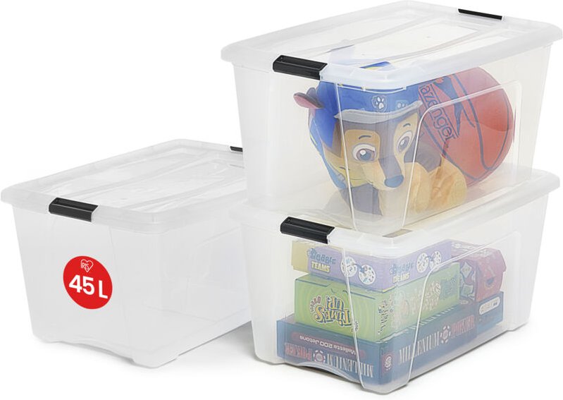 Iris Ohyama, Kunststoff-Aufbewahrungsbox mit Deckel, 45L, 3er-Set, transparent, NTB-45