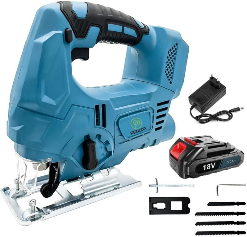 Stichsäge, elektrisch versiegelte Akku-Schneidemaschine 4-Gang 45°-Pendel, geeignet für Holz und Metall, mit 3,0A Akku u...