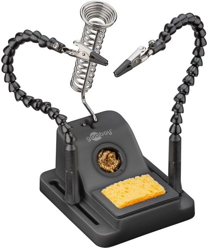 goobay Dritte Hand mit flexiblen Armen und Lötkolbenständer, Lötwerkzeug mit verstellbarer Pinzette, Schwamm und Reinigu...