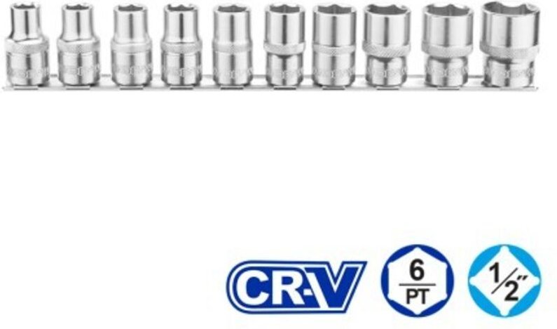 1/4" 10-teiliger Steckschlüsselsatz WST2410, 50BV30 und Cr-V-Stahl, Chrom-Finish, Aufbewahrungsschiene