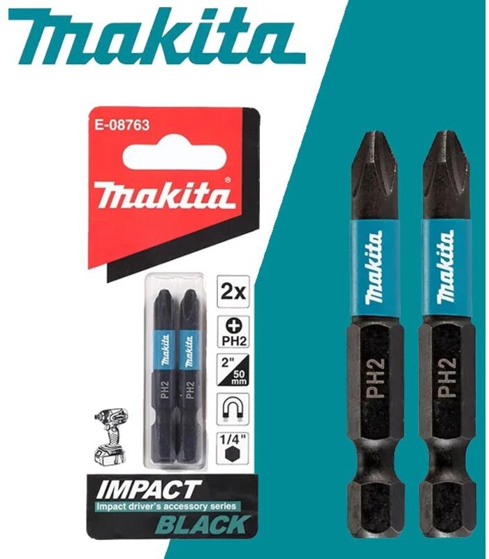 Makita E-08763 Schwarze Schlagschrauber-Bits 1/4" PH2 Länge 50 mm 2 Stück Magnetische Kreuzschlitzschraubendreher-Kopf-W...