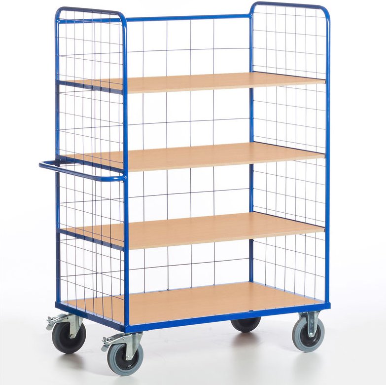 Etagenwagen 1880mm hoch 3 Gitterwände offen mit Schiebegriff und 4 Ladeflächen 1000x700mm im Buchendekor
