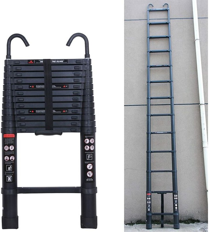 3,8m Teleskopleiter Klappleiter Alu Mehrzweckleiter mit 2 Haken, 13 Sprossen, rutschfest Verlängerungsleiter, Anlegeleit...